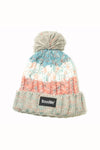 Gorro Sunflare de Boodlife: punto grueso con pompón gris y franjas en blanco roto, turquesa y coral, con vuelta gris claro