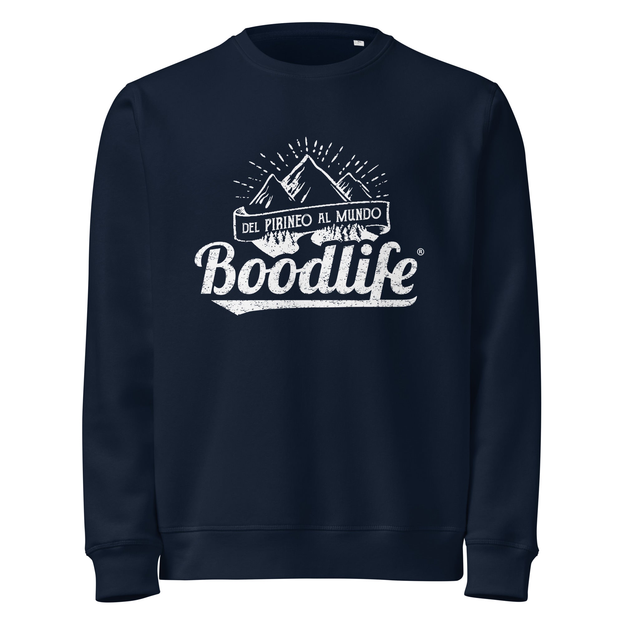Jersey Del Pirineo Al Mundo de Boodlife en azul marino, con el lema y las montañas estampados en blanco (versión Day)