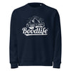 Jersey Del Pirineo Al Mundo de Boodlife en azul marino, con el lema y las montañas estampados en blanco (versión Day)