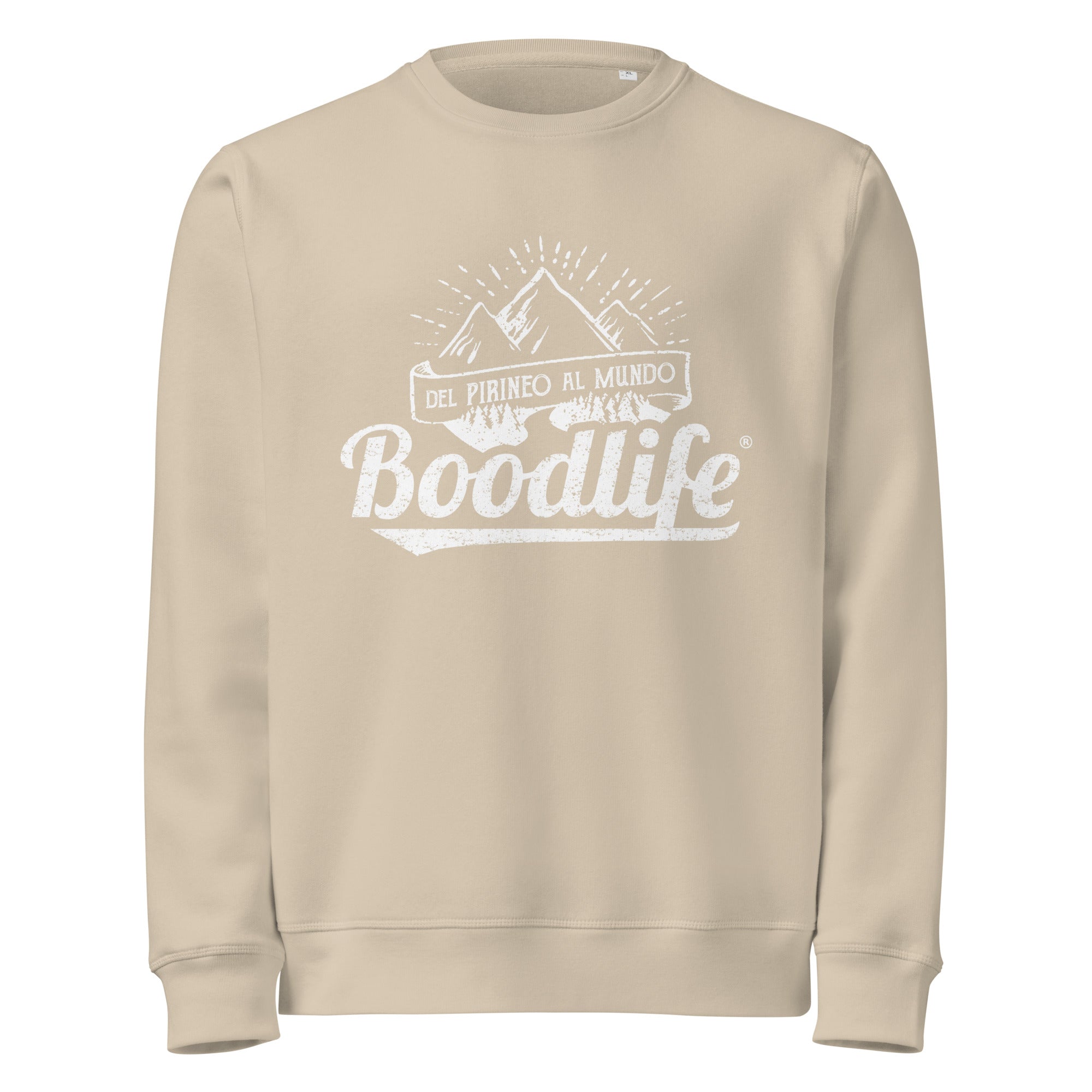 Jersey Del Pirineo Al Mundo de Boodlife en beige, con el lema y las montañas estampados en blanco (versión Day)