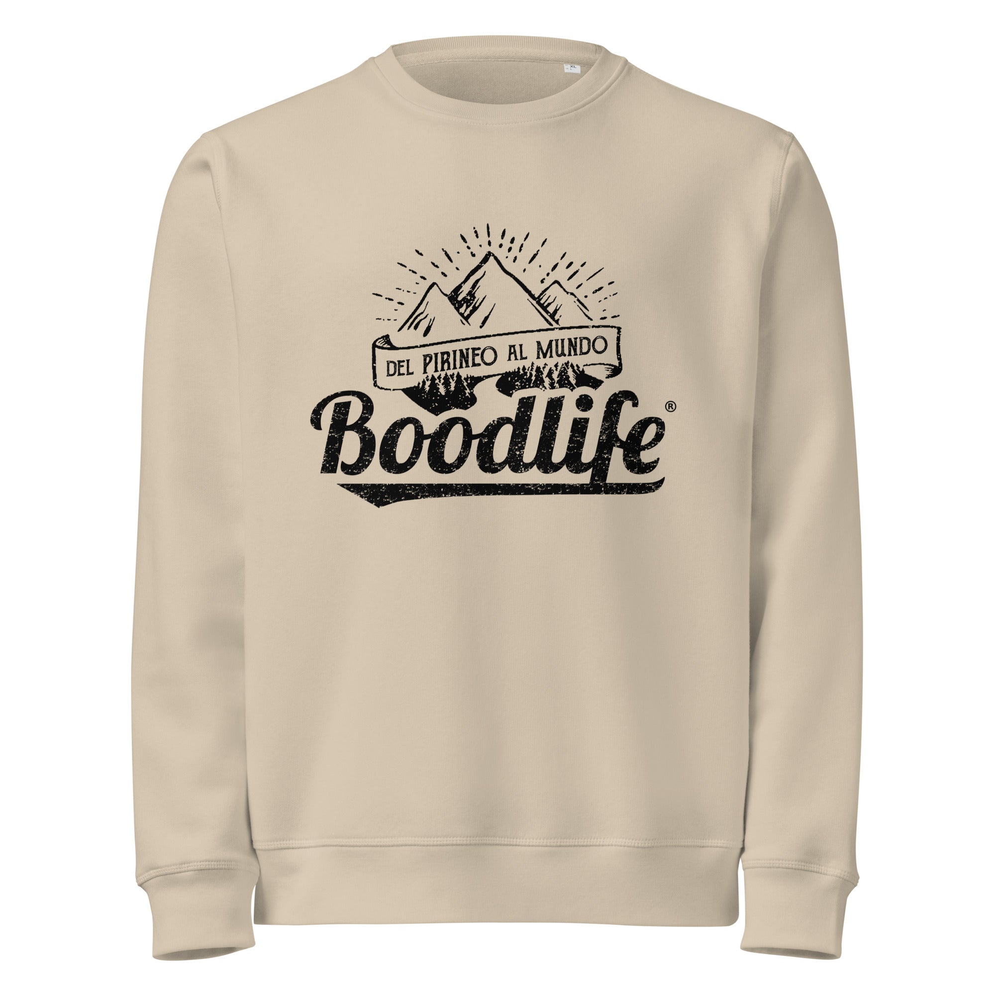 Jersey Del Pirineo Al Mundo de Boodlife en beige, con el lema y las montañas estampados en negro (versión Night)