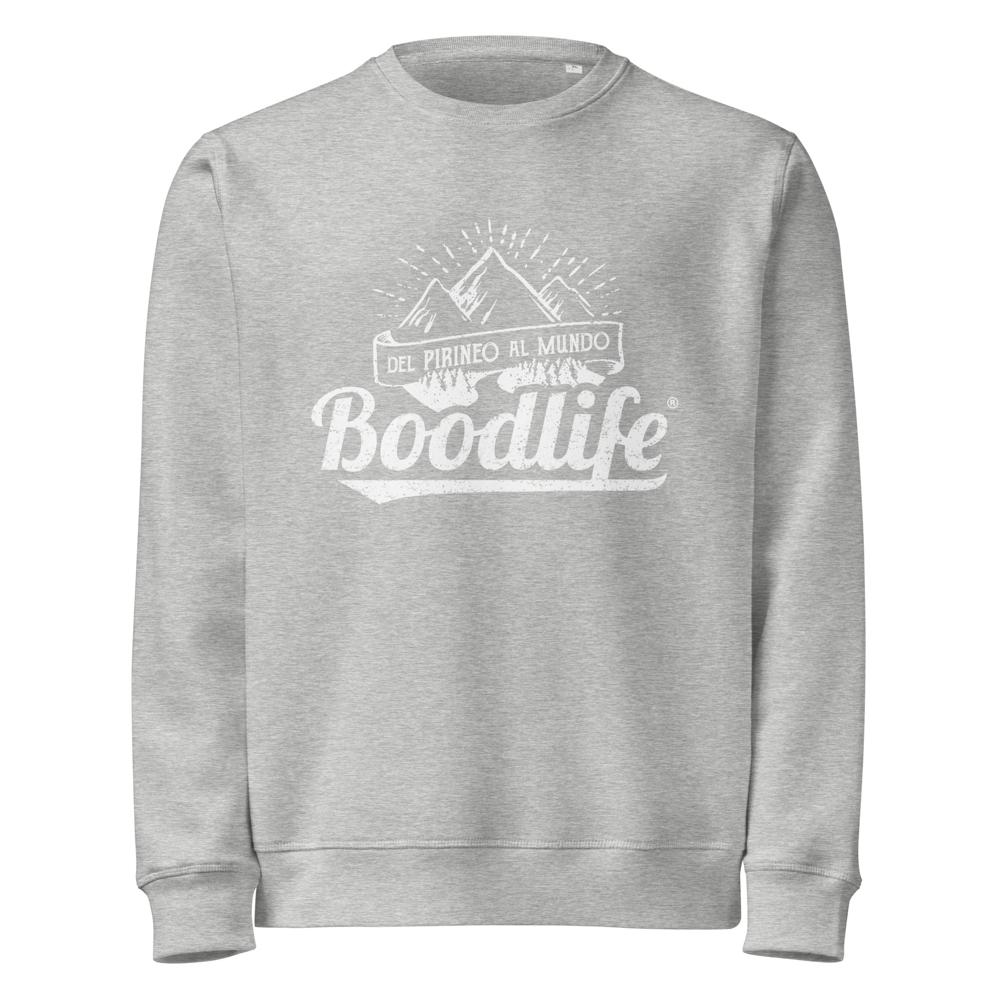 Jersey Del Pirineo Al Mundo de Boodlife en gris claro, con el lema y las montañas estampados en blanco (versión Day)