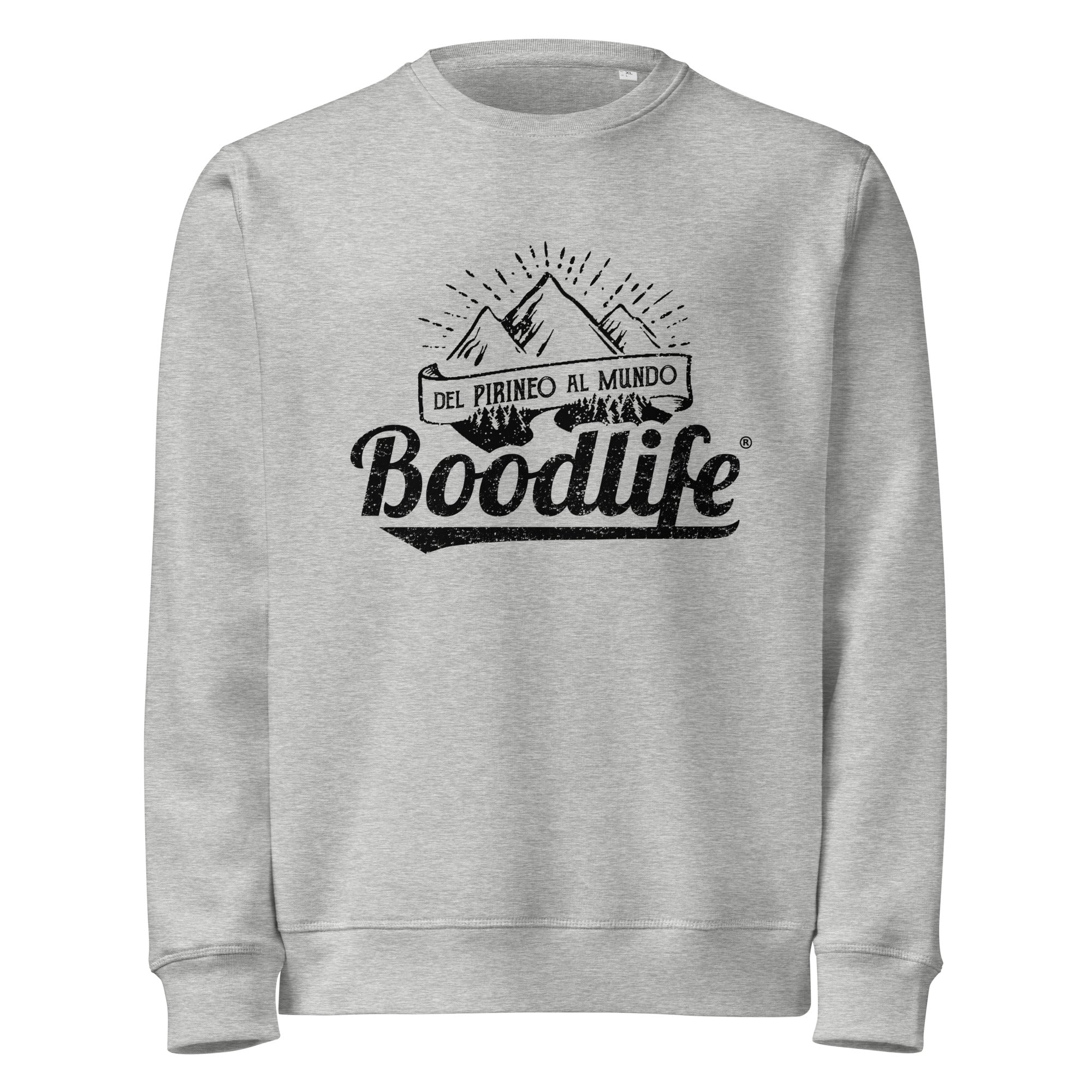 Jersey Del Pirineo Al Mundo de Boodlife en gris claro, con el lema y las montañas estampados en negro (versión Night)