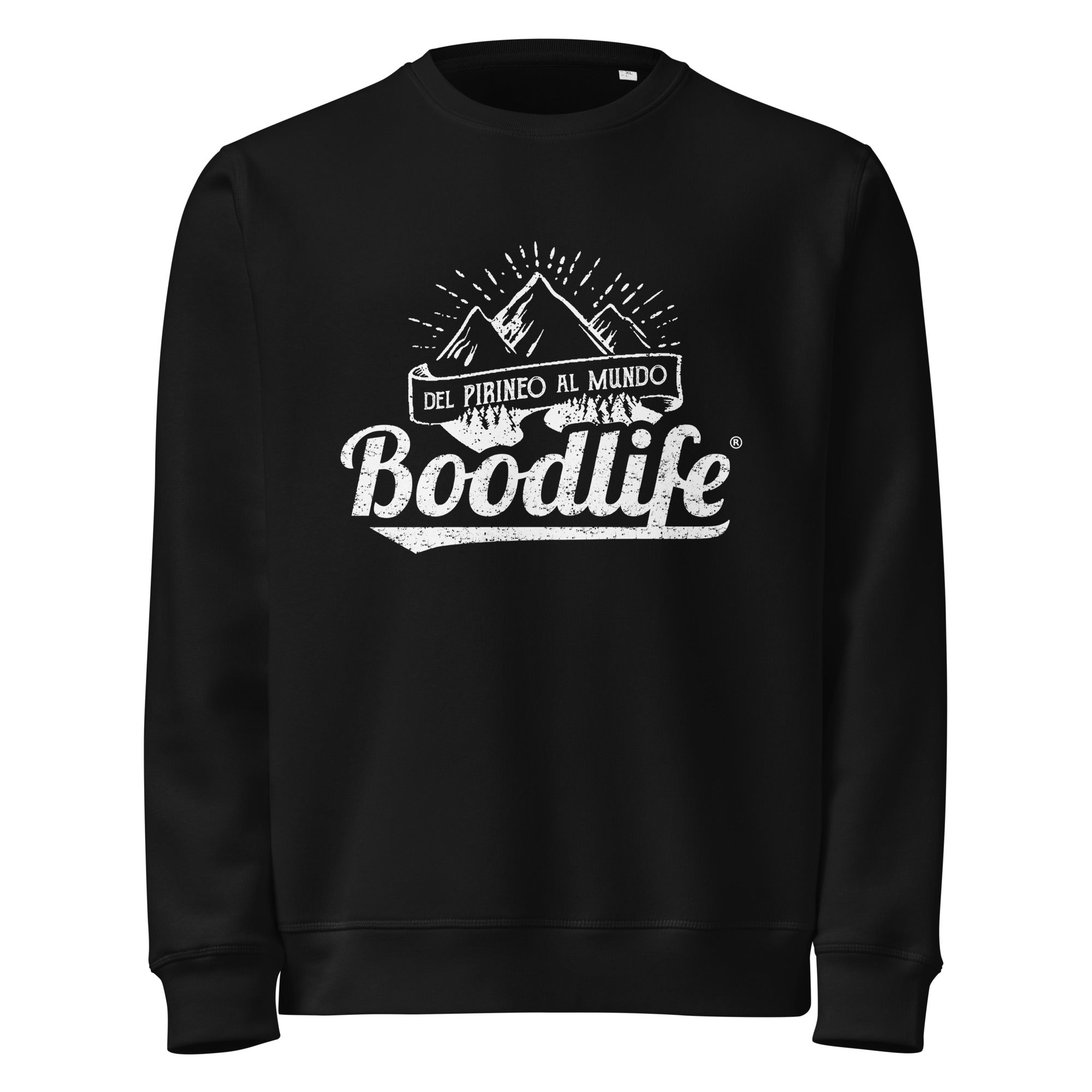 Jersey Del Pirineo Al Mundo de Boodlife en negro, con el lema y las montañas estampados en blanco (versión Day)