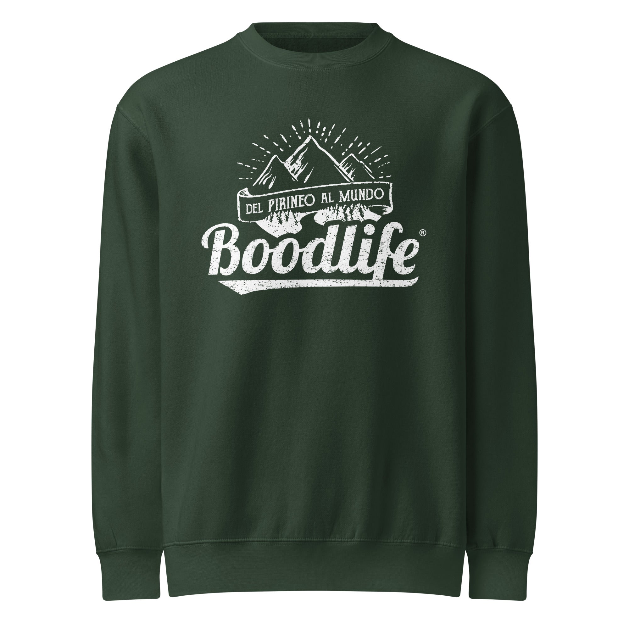 Jersey Del Pirineo Al Mundo de Boodlife en verde militar, con el lema y las montañas estampados en blanco (versión Day)