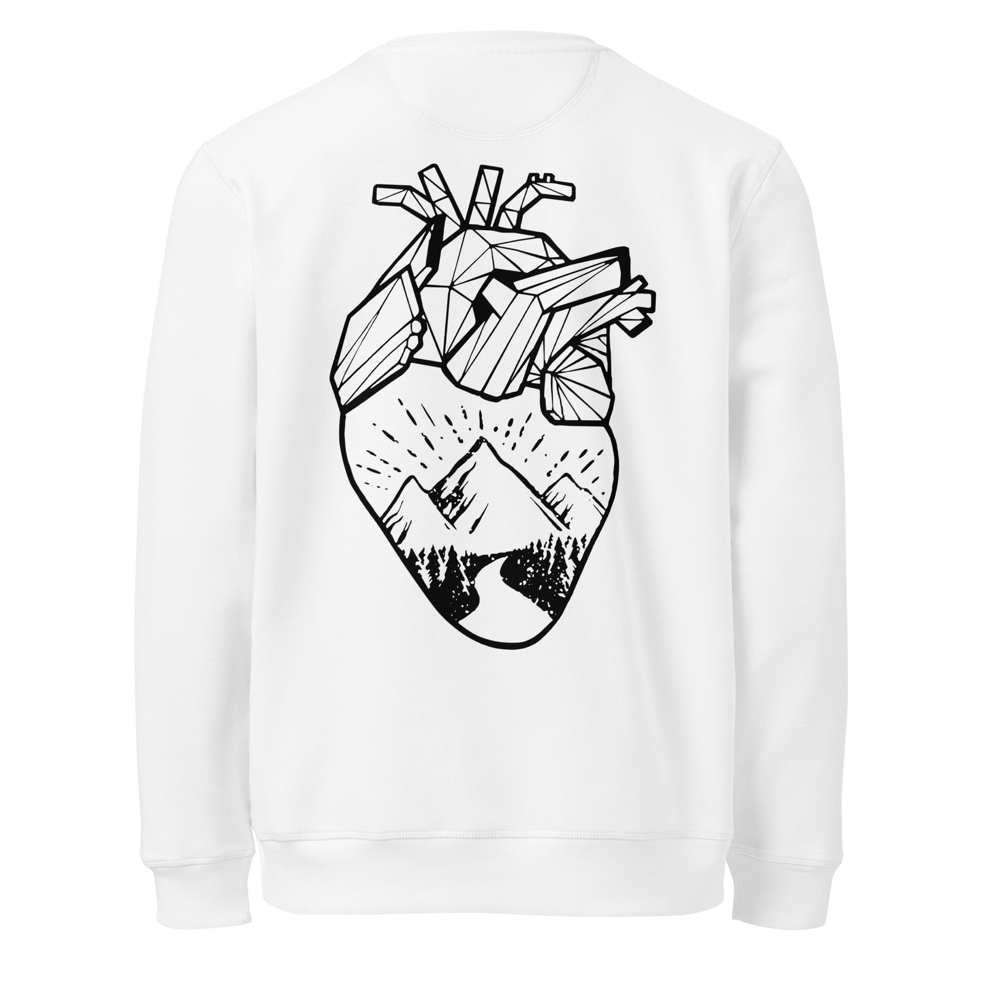 Espalda del Jersey Sacro Day de Boodlife en blanco, con un corazón geométrico estampado en negro que lleva dentro montañas, el sol, un sendero y un bosque