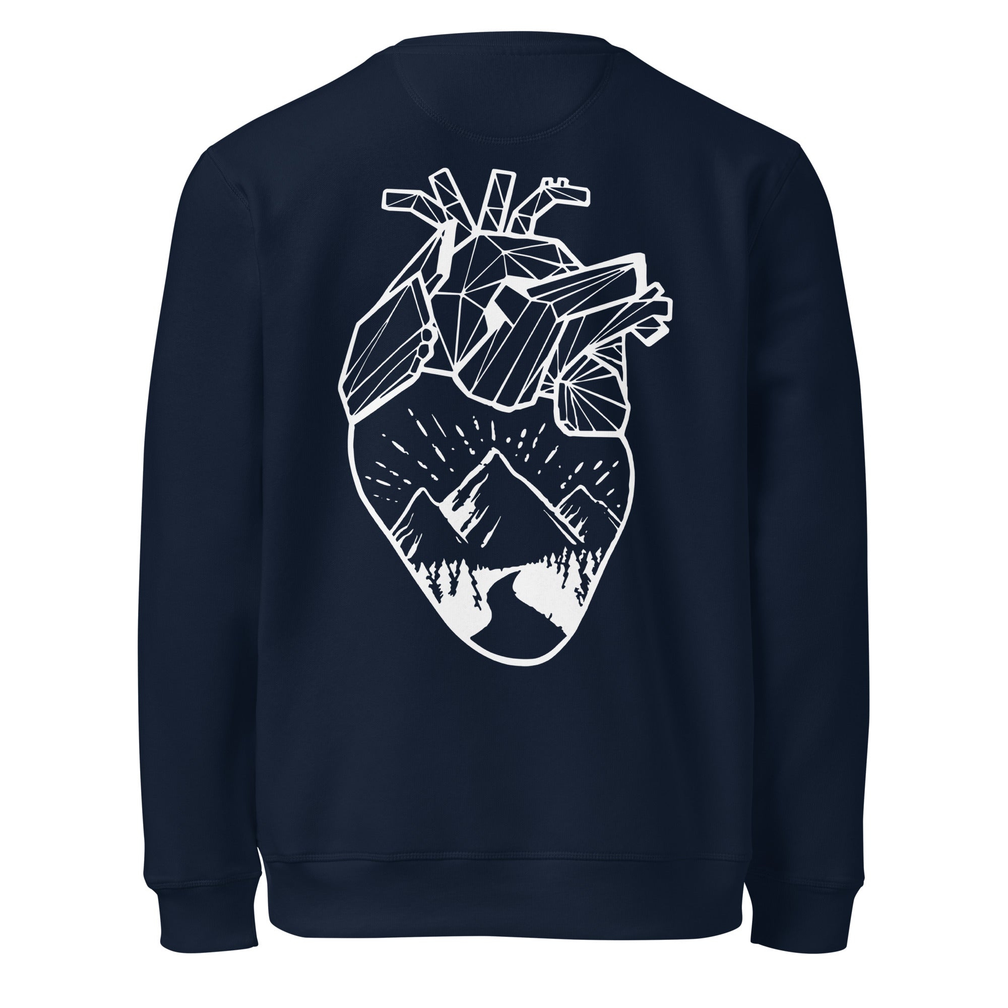 Espalda del Jersey Sacro Studio Night de Boodlife en azul marino, con un corazón geométrico estampado en blanco que lleva dentro montañas, el sol, un sendero y un bosque