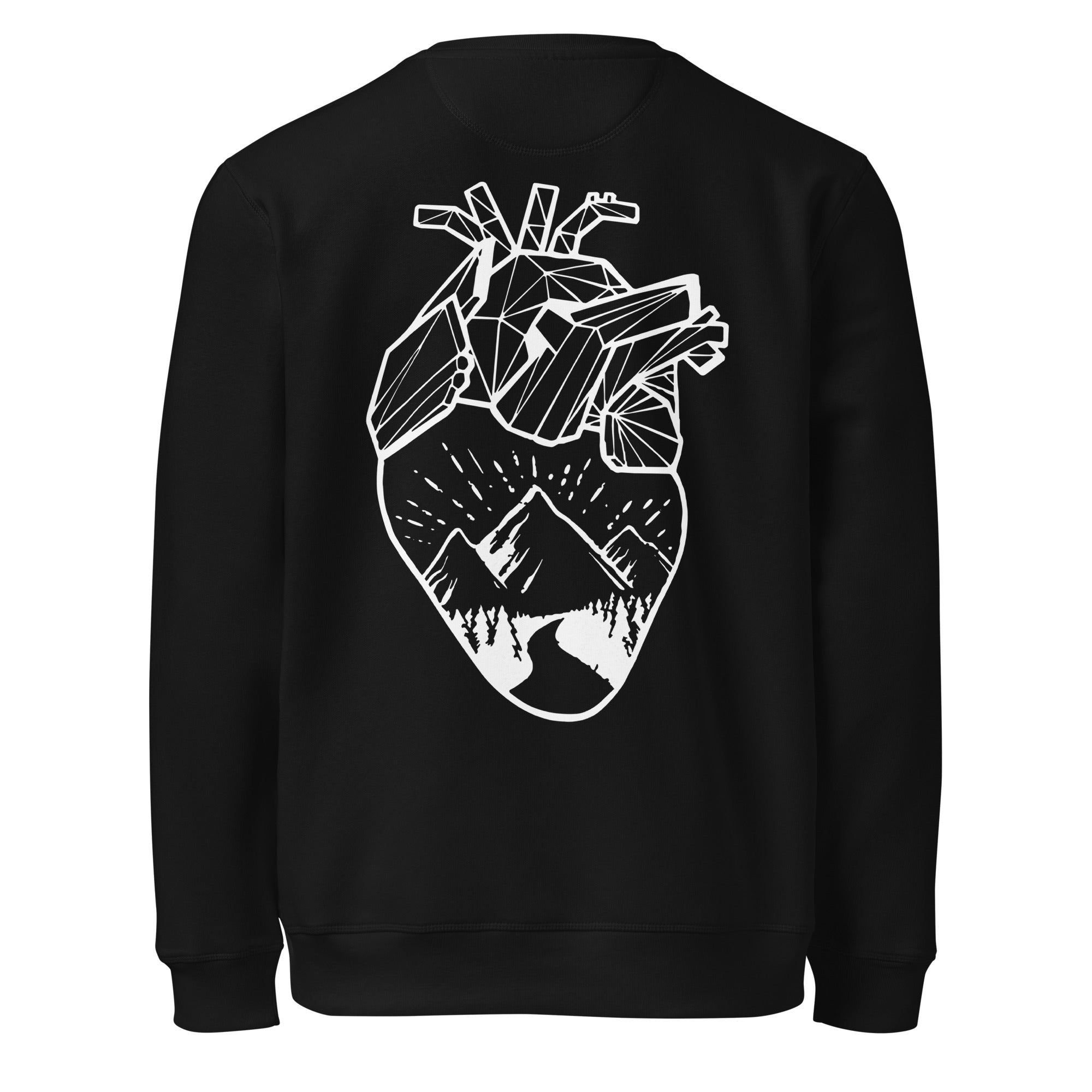 Espalda del Jersey Sacro Studio Night de Boodlife en negro, con un corazón geométrico estampado en blanco que lleva dentro montañas, el sol, un sendero y un bosque