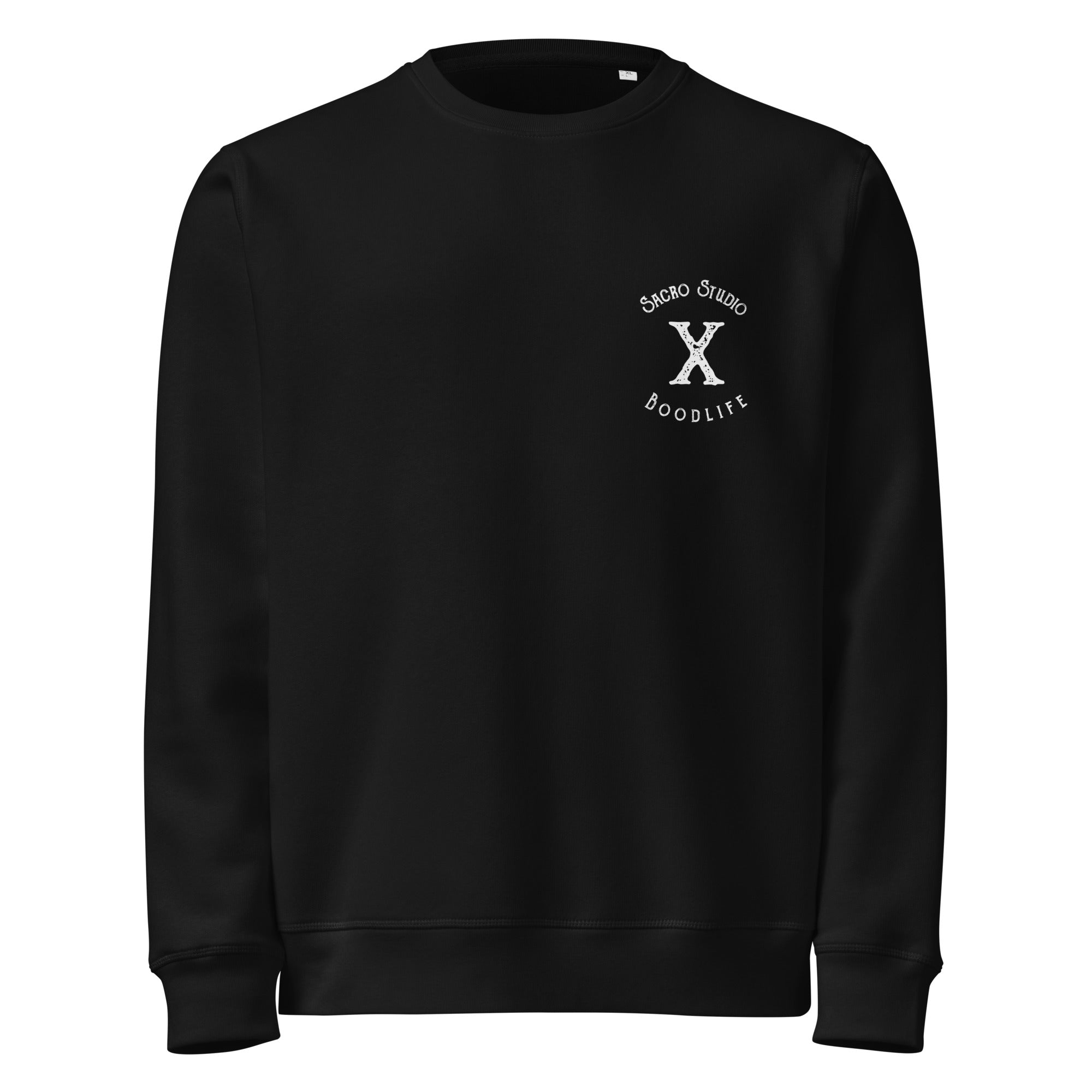 Jersey Sacro Studio Night de Boodlife en negro, con el sello «Sacro Studio X Boodlife» estampado en blanco en el pecho