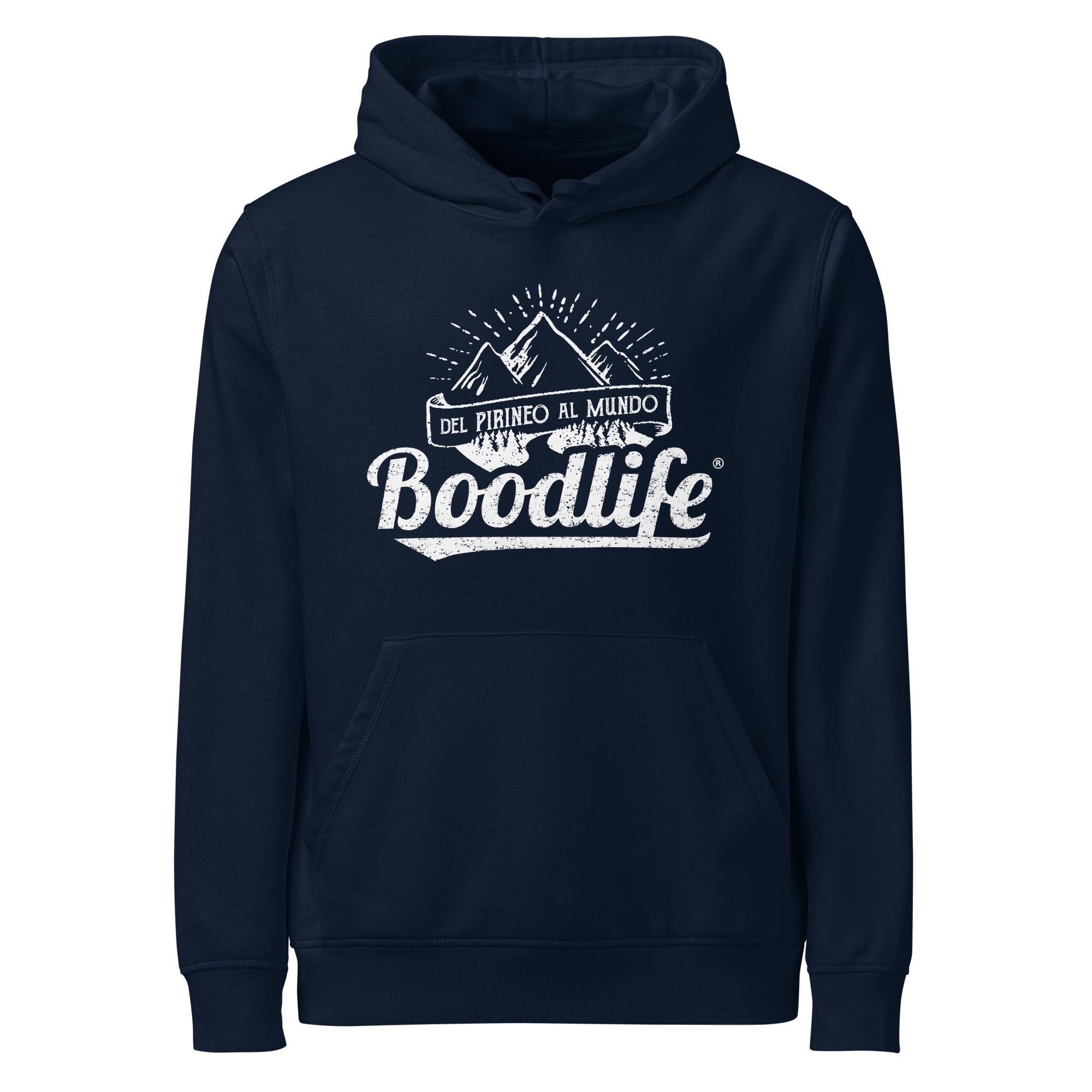 Sudadera con capucha Del Pirineo Al Mundo de Boodlife en azul marino, con el lema y las montañas estampados en blanco (versión Day)