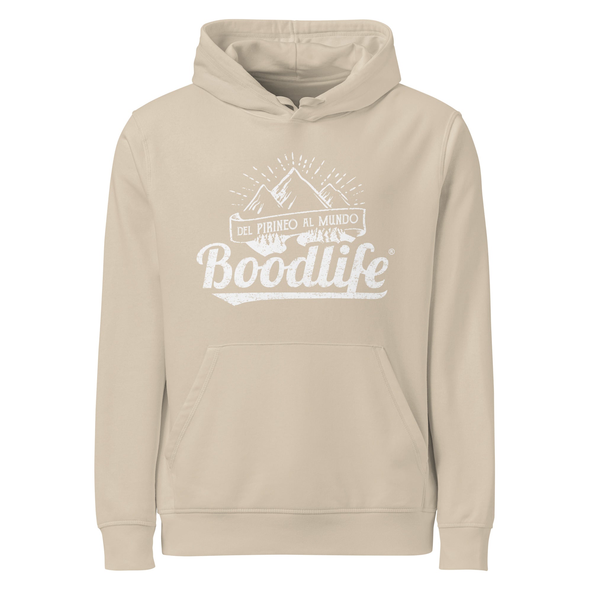 Sudadera con capucha Del Pirineo Al Mundo de Boodlife en beige, con el lema y las montañas estampados en blanco (versión Day)