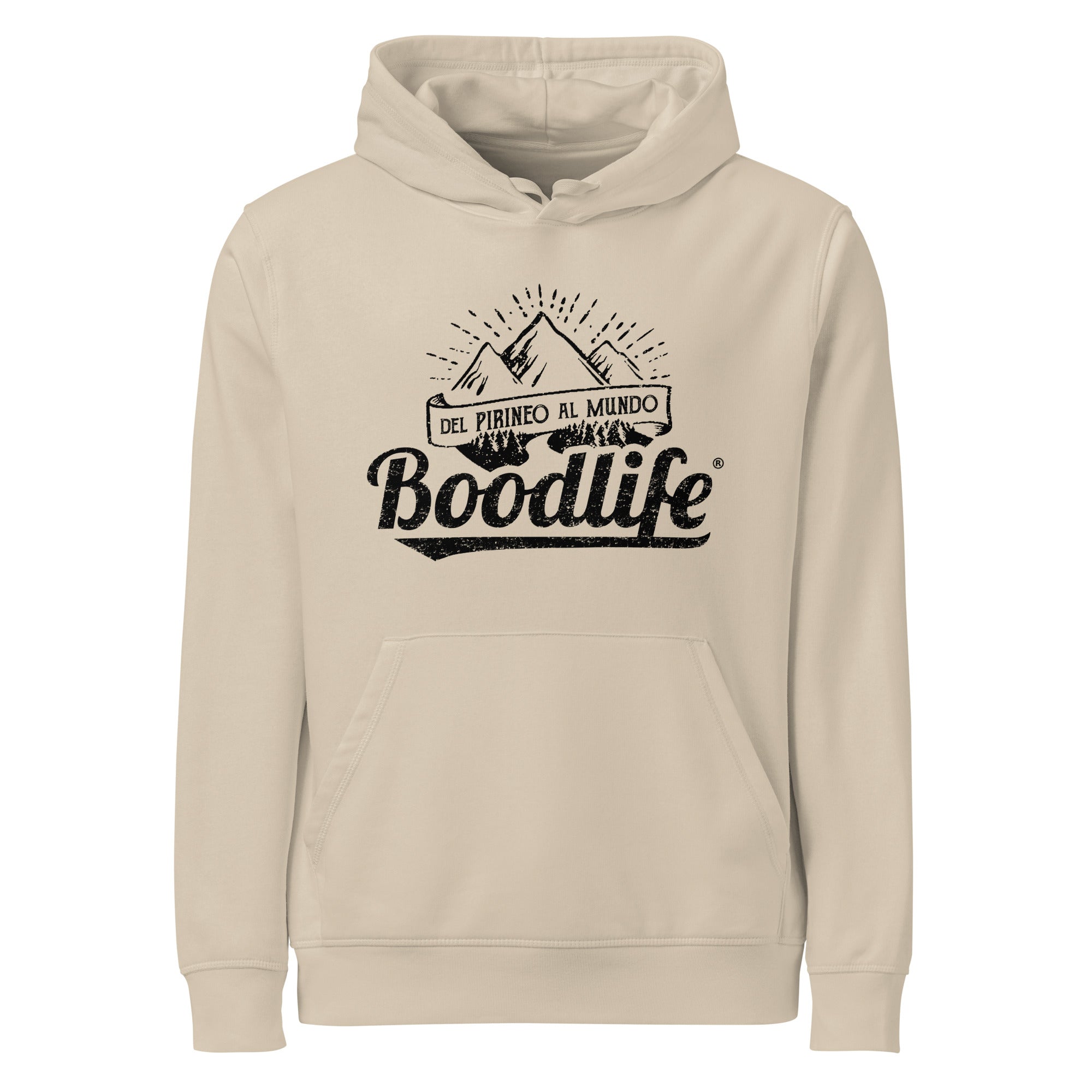 Sudadera con capucha Del Pirineo Al Mundo de Boodlife en beige, con el lema y las montañas estampados en negro (versión Night)