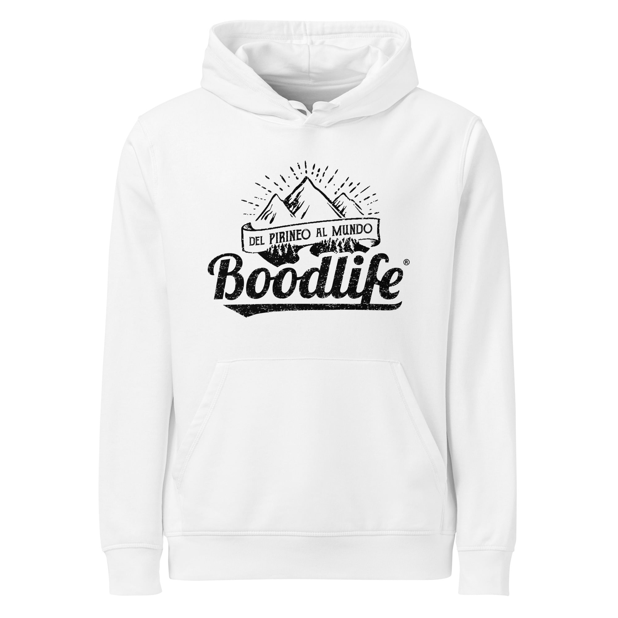 Sudadera con capucha Del Pirineo Al Mundo de Boodlife en blanco, con el lema y las montañas estampados en negro (versión Night)