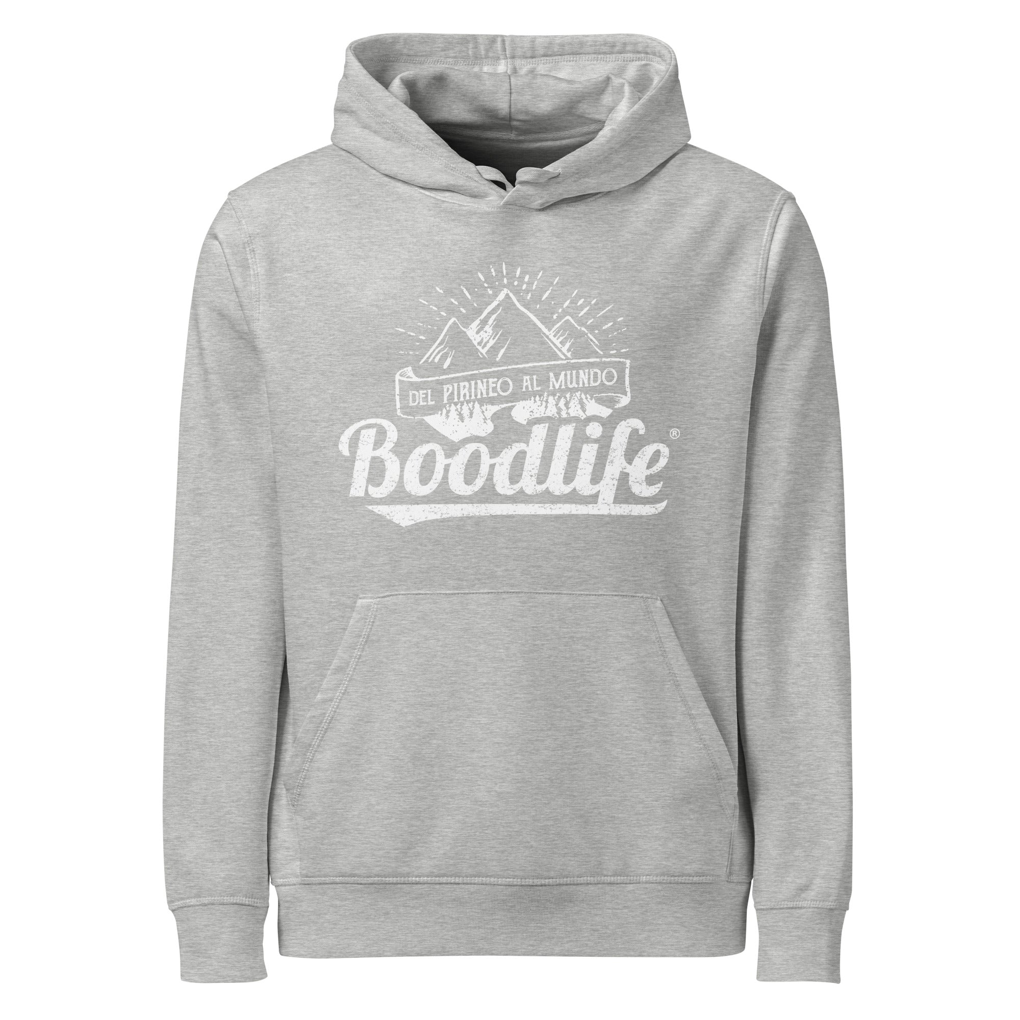Sudadera con capucha Del Pirineo Al Mundo de Boodlife en gris claro, con el lema y las montañas estampados en blanco (versión Day)