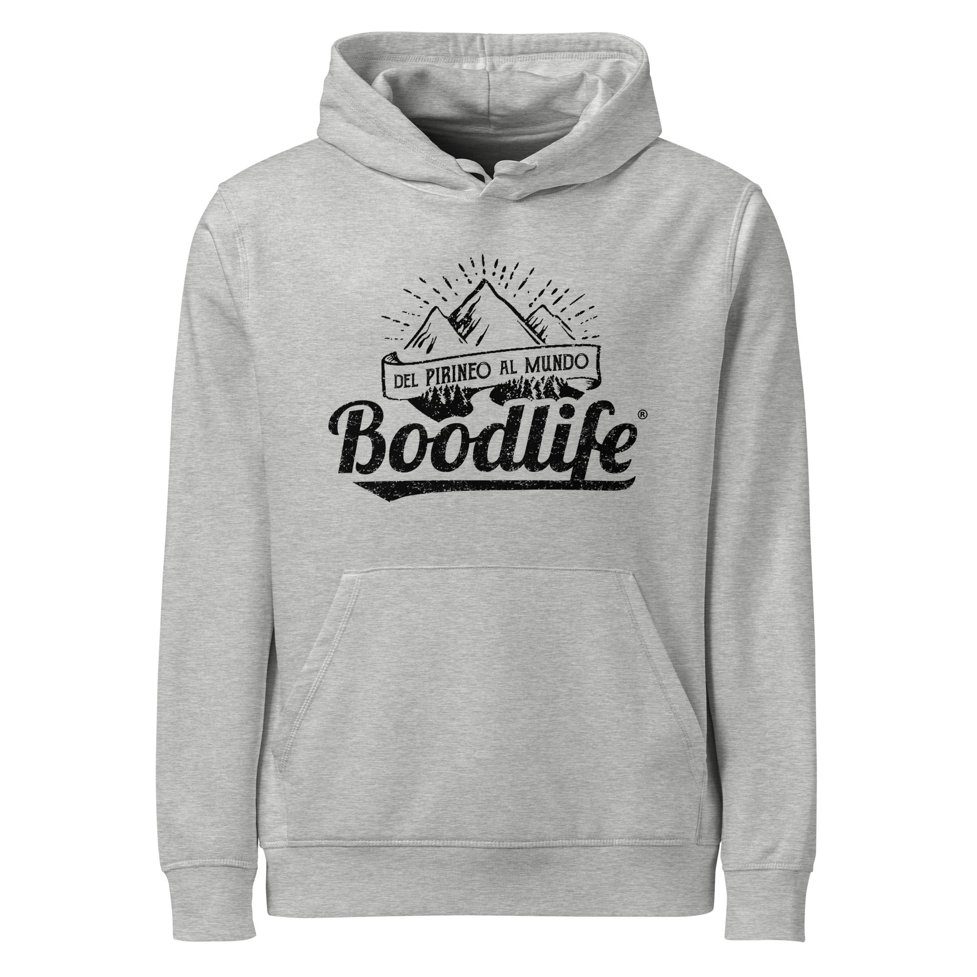 Sudadera con capucha Del Pirineo Al Mundo de Boodlife en gris claro, con el lema y las montañas estampados en negro (versión Night)