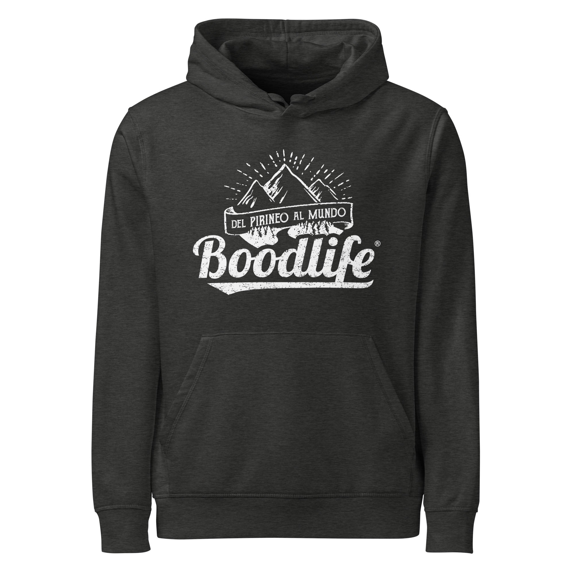 Sudadera con capucha Del Pirineo Al Mundo de Boodlife en gris oscuro, con el lema y las montañas estampados en blanco (versión Day)