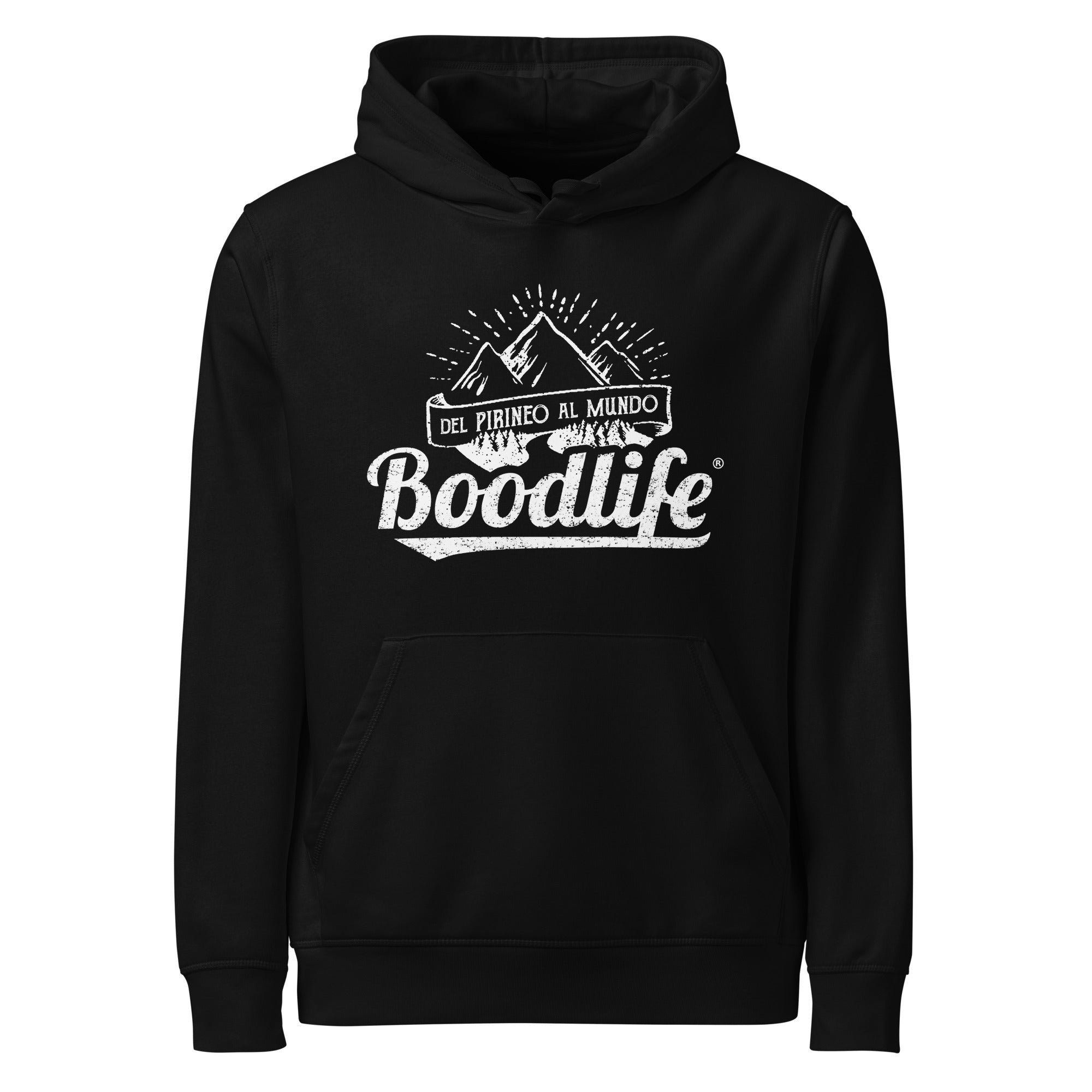 Sudadera con capucha Del Pirineo Al Mundo de Boodlife en negro, con el lema y las montañas estampados en blanco (versión Day)