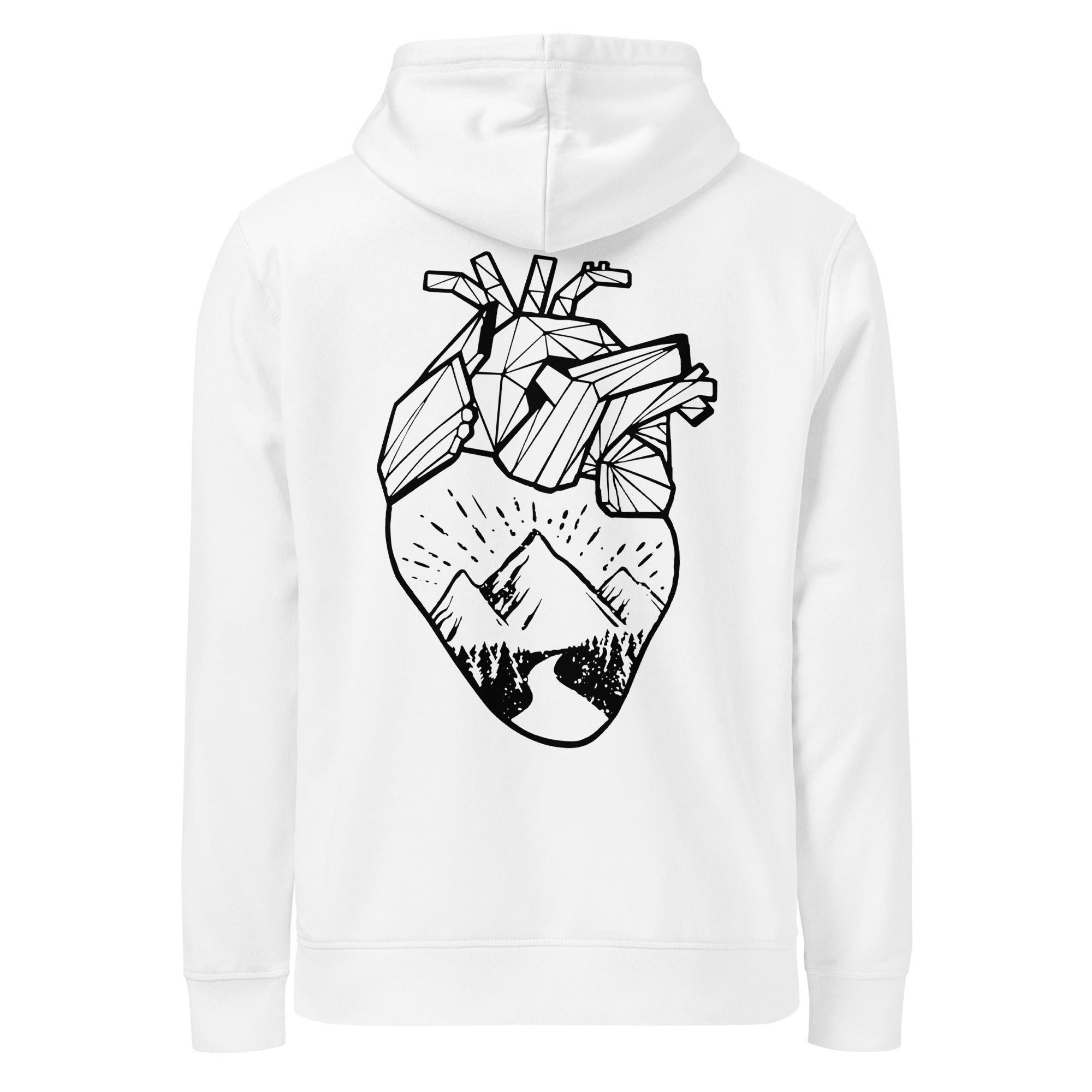 Espalda de la Sudadera con capucha Sacro Studio Day de Boodlife en blanco, con un corazón geométrico estampado en negro que lleva dentro montañas, el sol, un sendero y un bosque